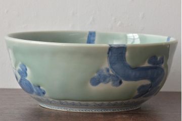 江戸期　古伊万里　染付　呉祥瑞銘　鯉の図　青磁　深皿(深鉢、和食器)(R-044863)