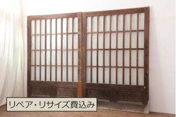 アンティーク建具　昭和初期　ヒノキ材・腰板ケヤキ材　背高サイズの格子ガラス戸2枚セット(引き戸、建具、蔵戸、玄関戸)(R-044887)