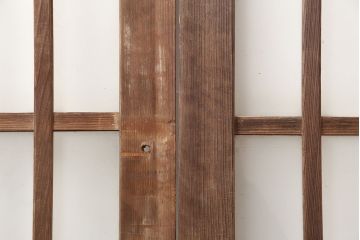 アンティーク建具　昭和初期　ヒノキ材・腰板ケヤキ材　背高サイズの格子ガラス戸2枚セット(引き戸、建具、蔵戸、玄関戸)(R-044887)