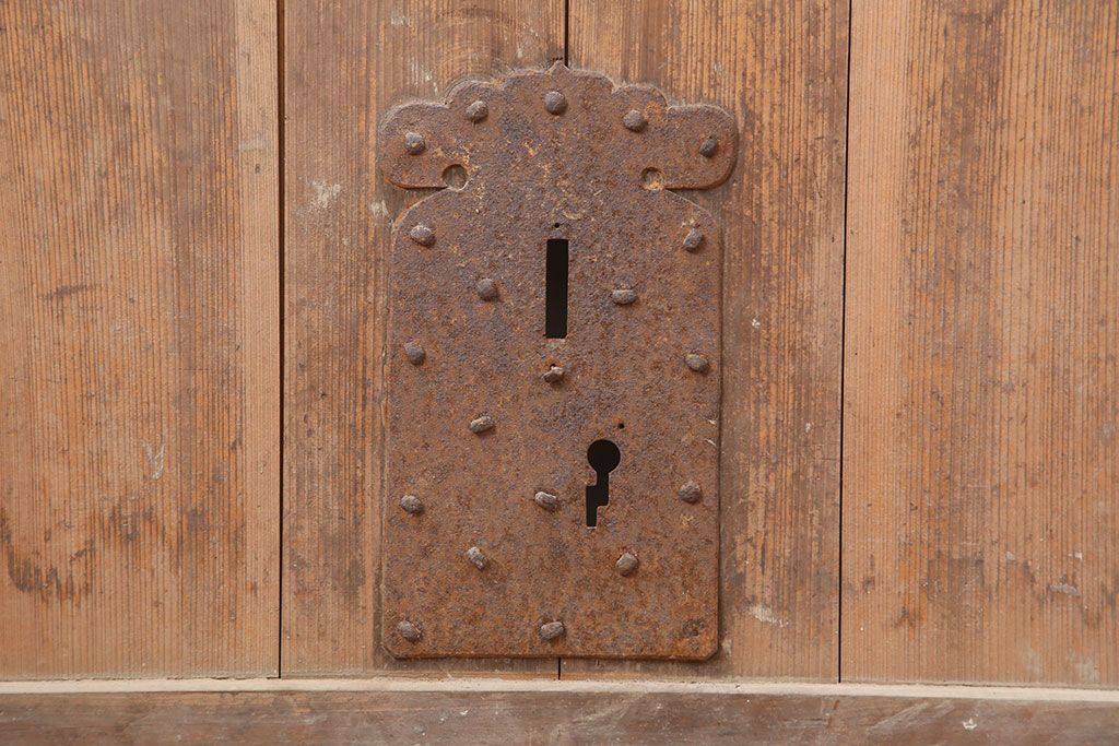 アンティーク建具　明治大正期　ヒノキ材の質感が味わい深い格子蔵戸(玄関戸、引き戸、建具)(R-044899)