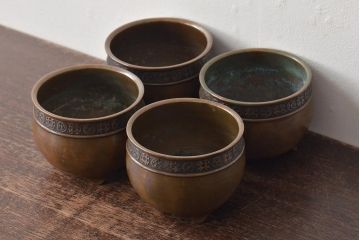 明治〜大正　黒檀製　煙草盆4点(銅火入、唐木、たばこ盆)(R-044918)
