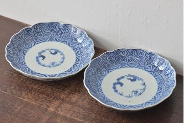 江戸期　古伊万里　大明成化年製　蛸唐草文　七寸皿2枚(変形皿、和食器)(R-044919)
