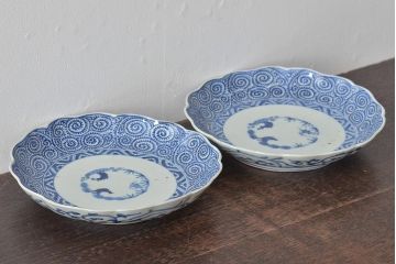 江戸期　古伊万里　大明成化年製　蛸唐草文　七寸皿2枚(変形皿、和食器)(R-044919)