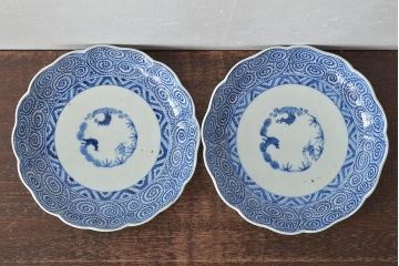 江戸期　古伊万里　大明成化年製　蛸唐草文　七寸皿2枚(変形皿、和食器)(R-044919)