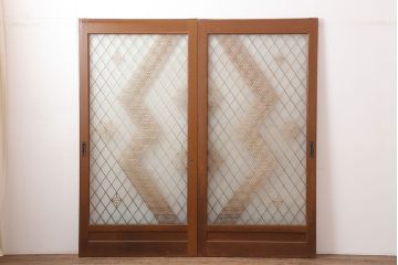 アンティーク建具　昭和中期　胡麻・麻の葉　組子がおしゃれなガラス戸2枚セット(引き戸、建具)(R-044935)