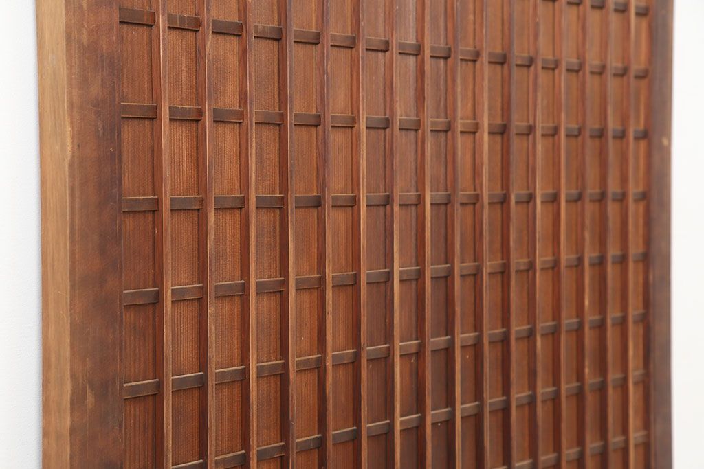 アンティーク建具　昭和初期　木味が魅力の格子入り板戸(扉、木製ドア)(R-044945)