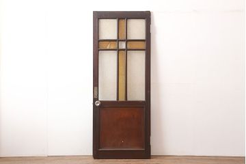 アンティーク建具　大正ロマン　当時物色ガラス・ダイヤガラス　十字のデザインが目を引く木製ドア(ガラス扉)(R-044950)