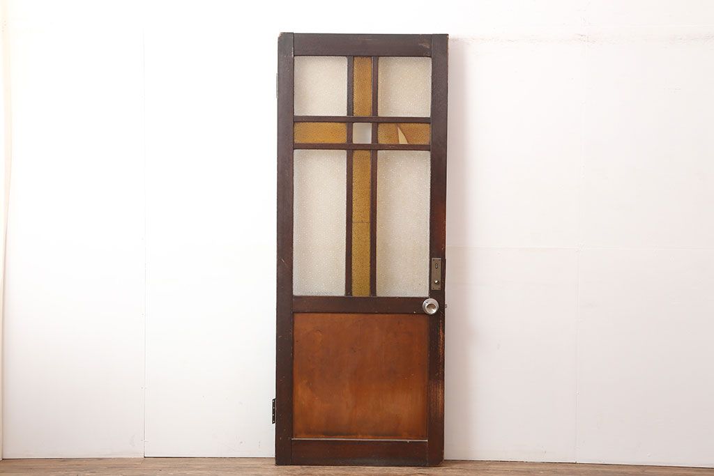 アンティーク建具　大正ロマン　当時物色ガラス・ダイヤガラス　十字のデザインが目を引く木製ドア(ガラス扉)(R-044950)