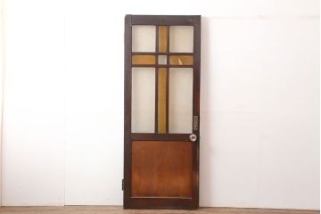 アンティーク建具　大正ロマン　当時物色ガラス・ダイヤガラス　十字のデザインが目を引く木製ドア(ガラス扉)(R-044950)