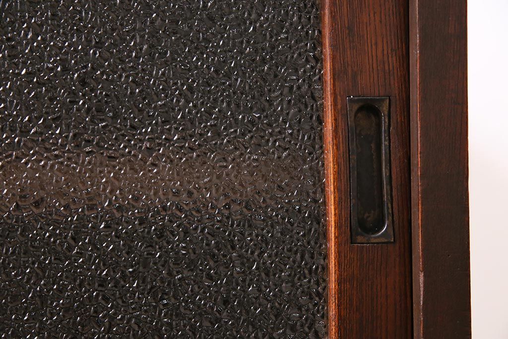 アンティーク家具　和製　大正期　前面ケヤキ材　脚付きリメイク　ダイヤガラス入り　漆塗りのローボード(テレビ台、収納棚)(R-044963)