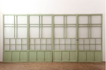 アンティーク建具　昭和中期　すりガラス入り　淡い色合いのペイントが素敵なガラス戸4枚セット(引き戸)(R-044971)