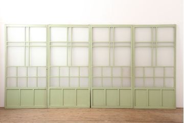 アンティーク建具　昭和中期　すりガラス入り　淡い色合いのペイントが素敵なガラス戸4枚セット(引き戸)(R-044971)