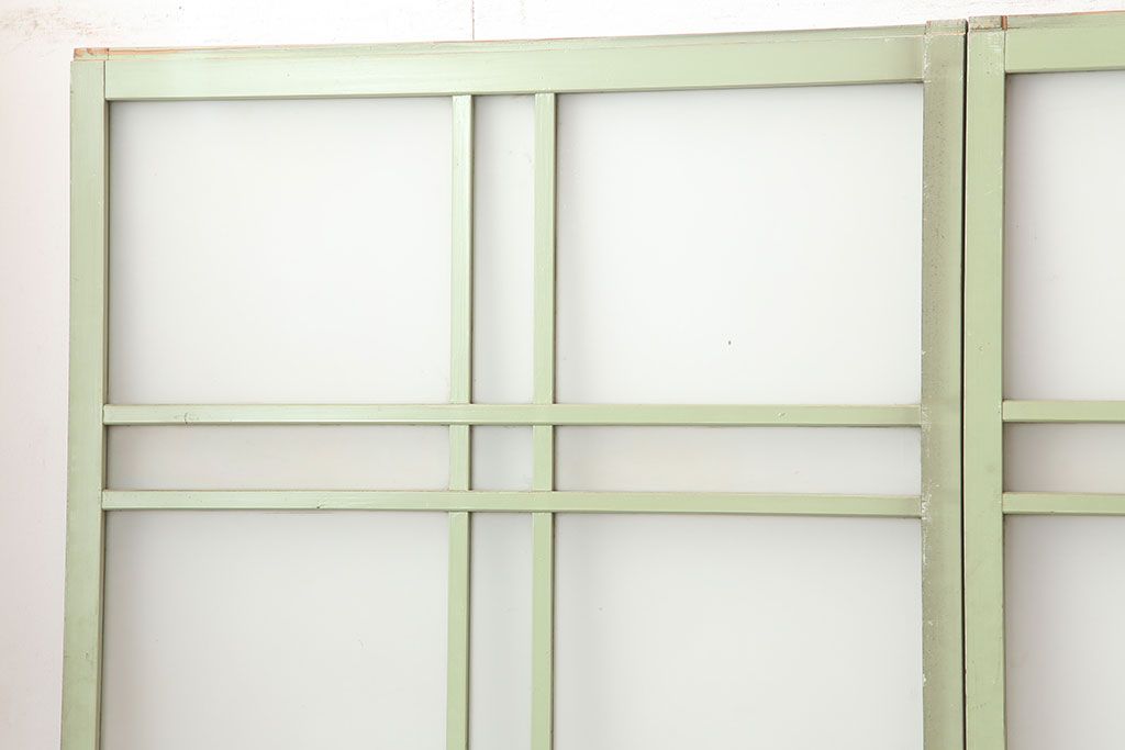 アンティーク建具　昭和中期　すりガラス入り　淡い色合いのペイントが素敵なガラス戸4枚セット(引き戸)(R-044971)