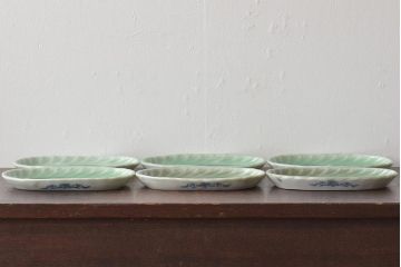 明治〜大正　青磁　印判　花蝶図　変形皿6枚セット(図変わり、在銘)(R-044974)