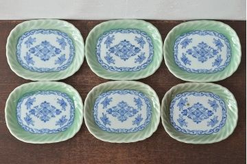 明治〜大正　青磁　印判　花蝶図　変形皿6枚セット(図変わり、在銘)(R-044974)