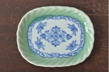 明治〜大正　青磁　印判　花蝶図　変形皿6枚セット(図変わり、在銘)(R-044974)