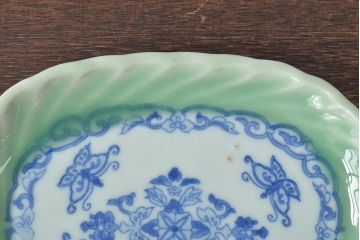 明治〜大正　青磁　印判　花蝶図　変形皿6枚セット(図変わり、在銘)(R-044974)