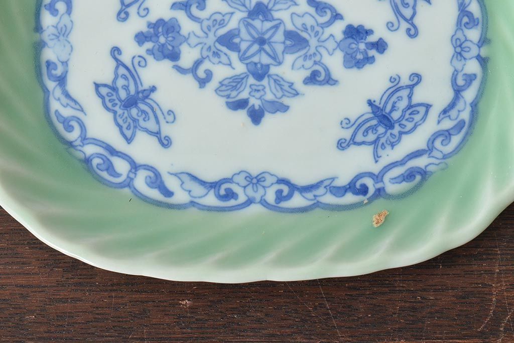 明治〜大正　青磁　印判　花蝶図　変形皿6枚セット(図変わり、在銘)(R-044974)