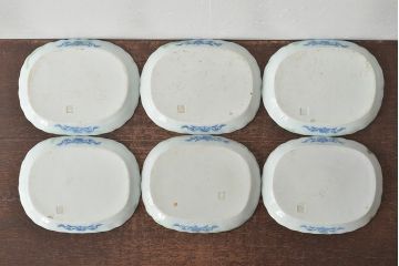 明治〜大正　青磁　印判　花蝶図　変形皿6枚セット(図変わり、在銘)(R-044974)