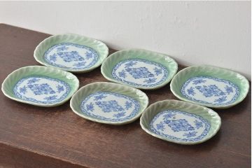 明治〜大正　青磁　印判　花蝶図　変形皿6枚セット(図変わり、在銘)(R-044974)
