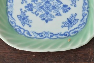 明治〜大正　青磁　印判　花蝶図　変形皿6枚セット(図変わり、在銘)(R-044974)
