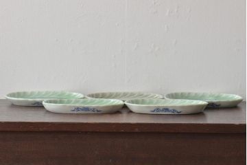 明治〜大正　青磁　印判　花蝶図　変形皿5枚セット(図変わり、在銘)(R-044975)