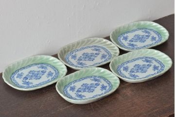 明治〜大正　青磁　印判　花蝶図　変形皿5枚セット(図変わり、在銘)(R-044975)