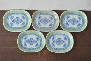 明治〜大正　青磁　印判　花蝶図　変形皿5枚セット(図変わり、在銘)(R-044975)