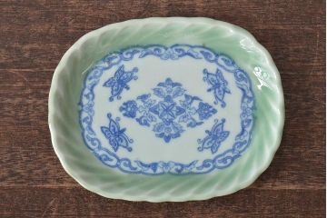 明治〜大正　青磁　印判　花蝶図　変形皿5枚セット(図変わり、在銘)(R-044975)