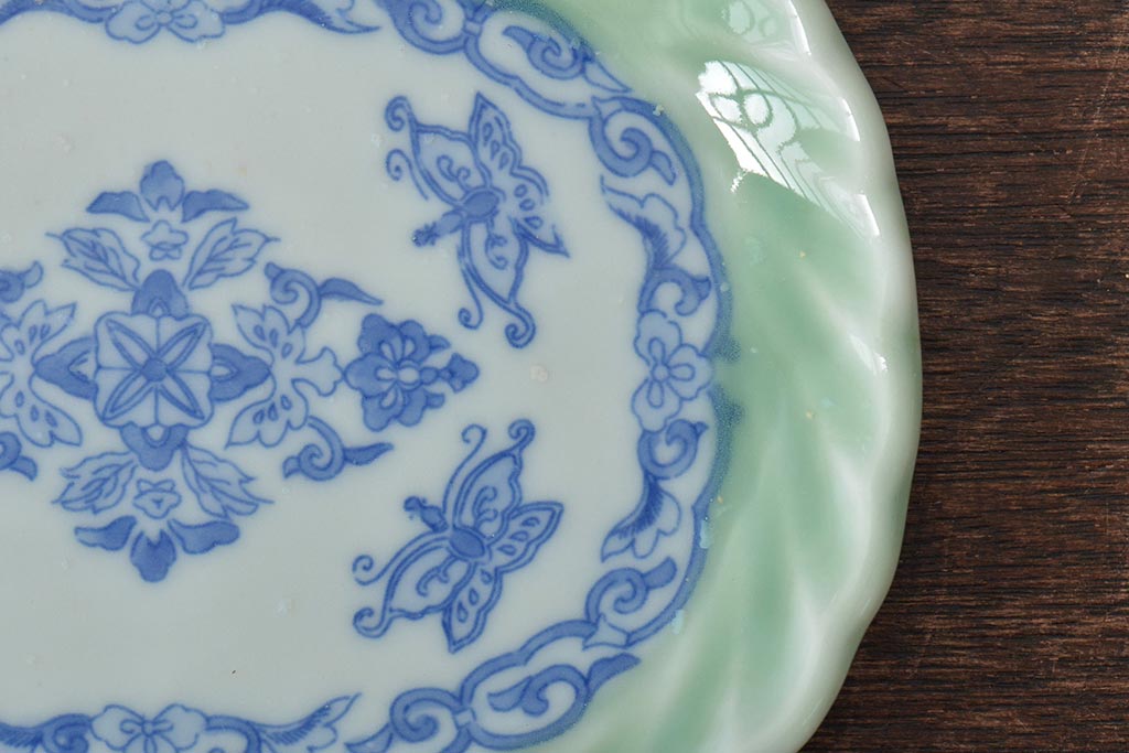 明治〜大正　青磁　印判　花蝶図　変形皿5枚セット(図変わり、在銘)(R-044975)