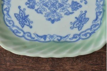 明治〜大正　青磁　印判　花蝶図　変形皿5枚セット(図変わり、在銘)(R-044975)