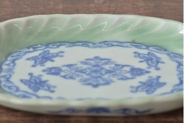 明治〜大正　青磁　印判　花蝶図　変形皿5枚セット(図変わり、在銘)(R-044975)