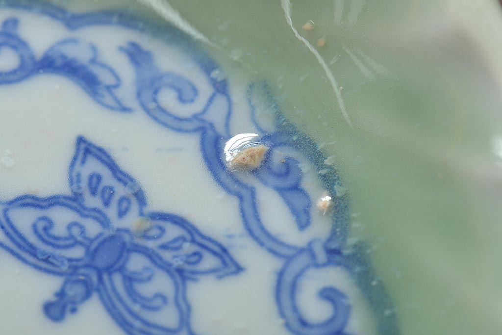 明治〜大正　青磁　印判　花蝶図　変形皿5枚セット(図変わり、在銘)(R-044975)