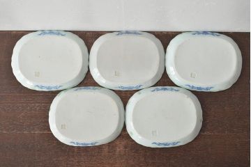 明治〜大正　青磁　印判　花蝶図　変形皿5枚セット(図変わり、在銘)(R-044975)