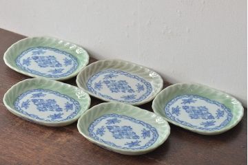 明治〜大正　青磁　印判　花蝶図　変形皿5枚セット(図変わり、在銘)(R-044975)