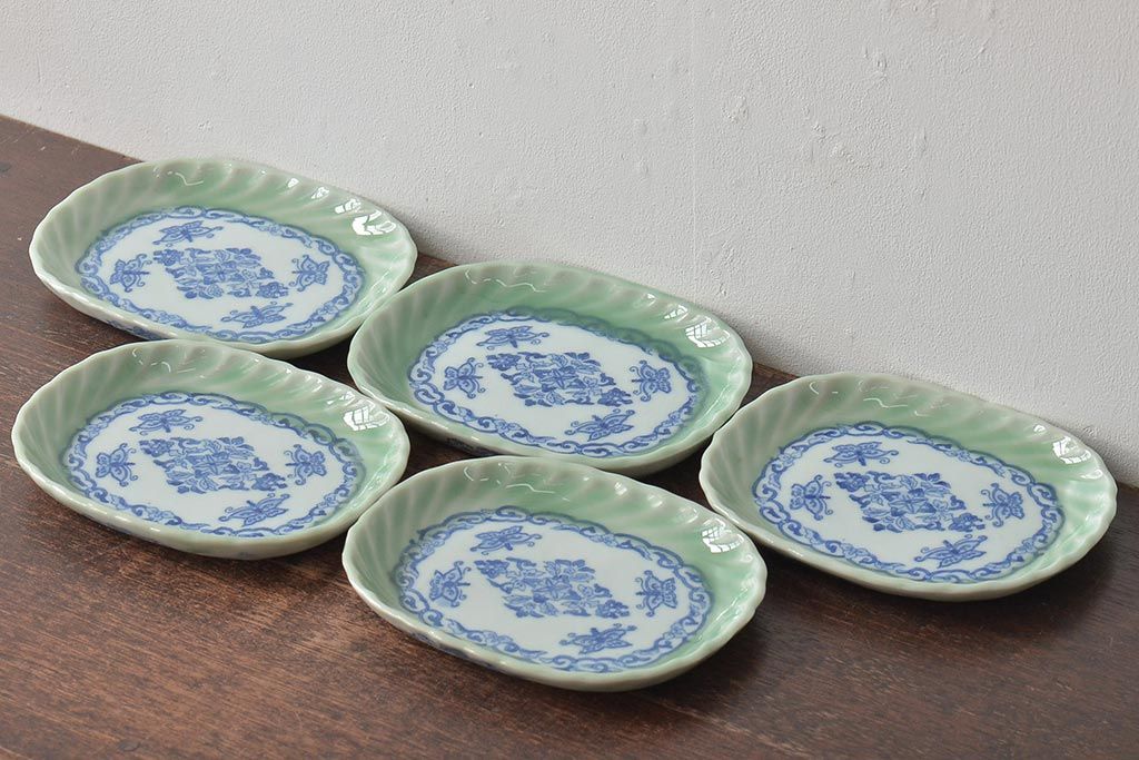 明治〜大正　青磁　印判　花蝶図　変形皿5枚セット(図変わり、在銘)(R-044976)