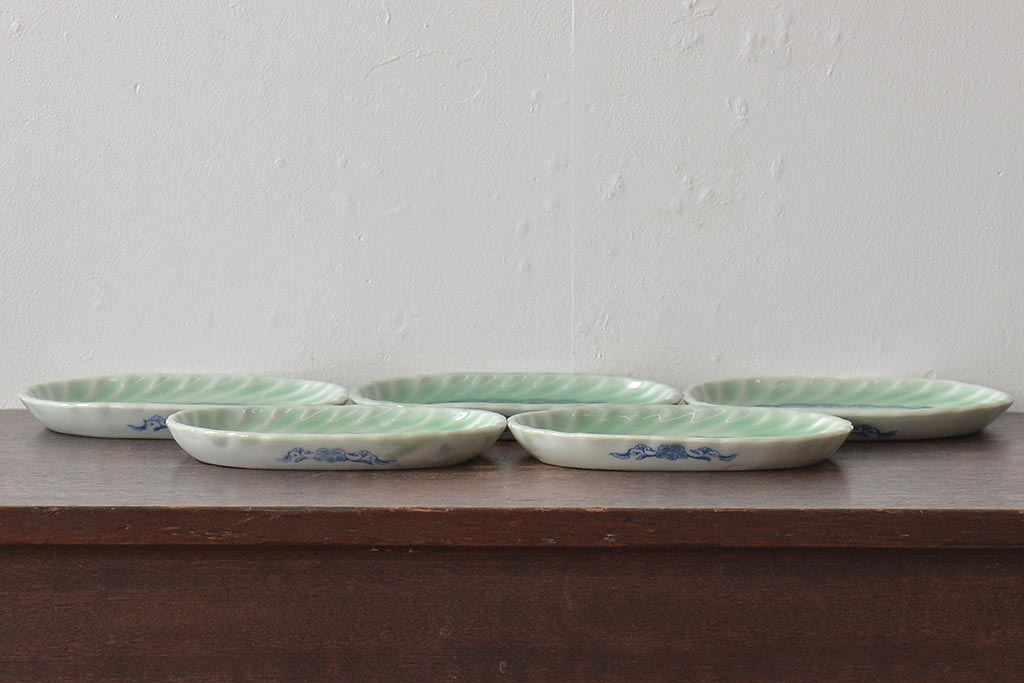 明治〜大正　青磁　印判　花蝶図　変形皿5枚セット(図変わり、在銘)(R-044976)