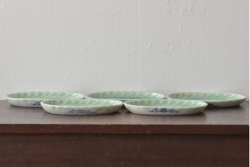 明治〜大正　青磁　印判　花蝶図　変形皿5枚セット(図変わり、在銘)(R-044976)