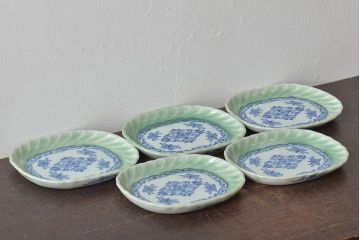 明治〜大正　青磁　印判　花蝶図　変形皿5枚セット(図変わり、在銘)(R-044976)