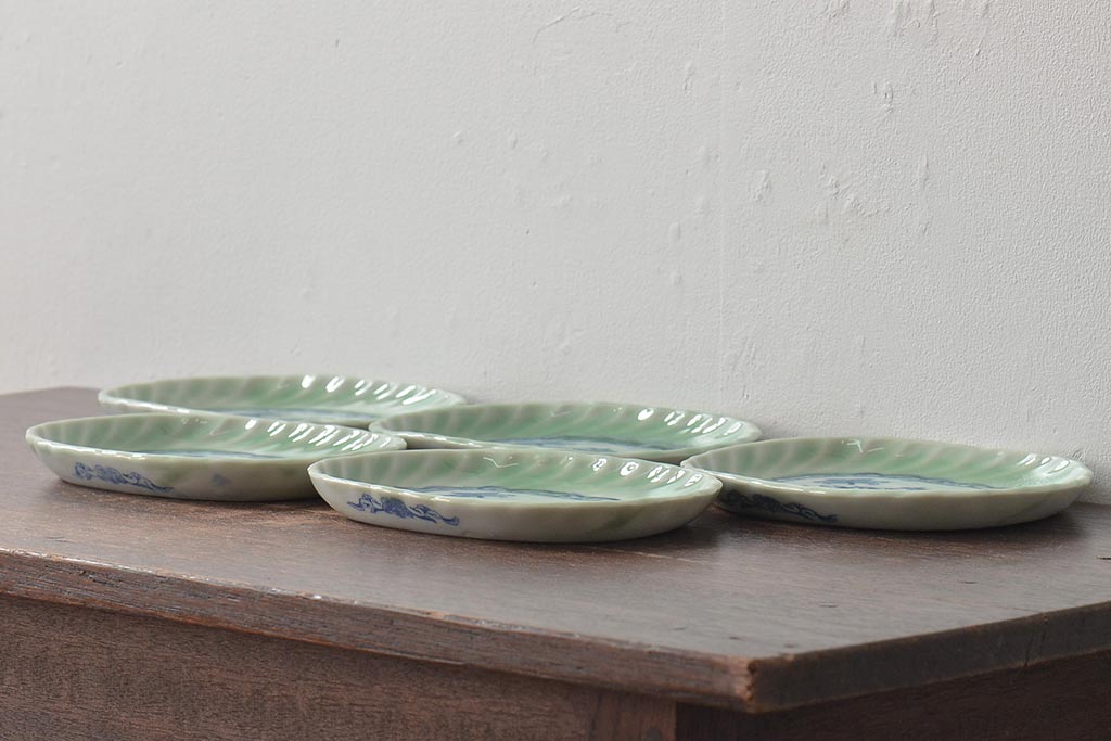 明治〜大正　青磁　印判　花蝶図　変形皿5枚セット(図変わり、在銘)(R-044976)