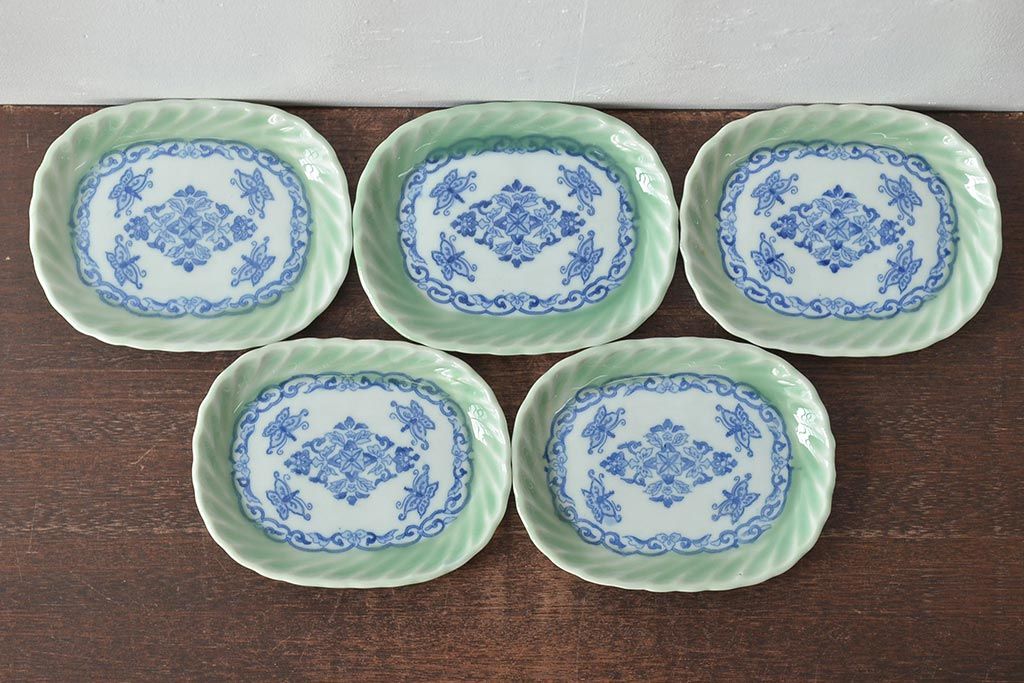 明治〜大正　青磁　印判　花蝶図　変形皿5枚セット(図変わり、在銘)(R-044976)