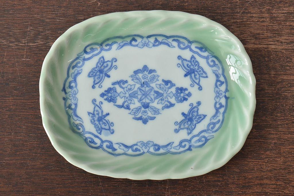 明治〜大正　青磁　印判　花蝶図　変形皿5枚セット(図変わり、在銘)(R-044976)