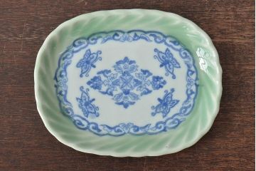 明治〜大正　青磁　印判　花蝶図　変形皿5枚セット(図変わり、在銘)(R-044976)