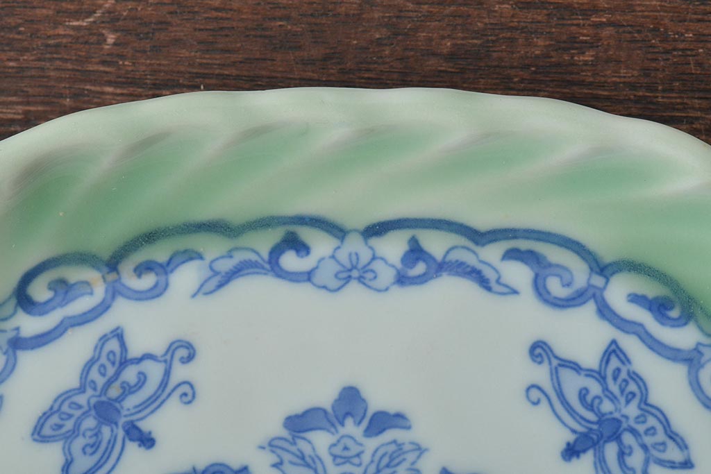 明治〜大正　青磁　印判　花蝶図　変形皿5枚セット(図変わり、在銘)(R-044976)