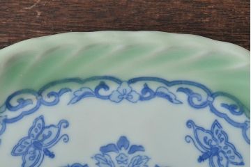 明治〜大正　青磁　印判　花蝶図　変形皿5枚セット(図変わり、在銘)(R-044976)