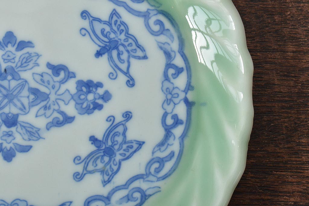 明治〜大正　青磁　印判　花蝶図　変形皿5枚セット(図変わり、在銘)(R-044976)