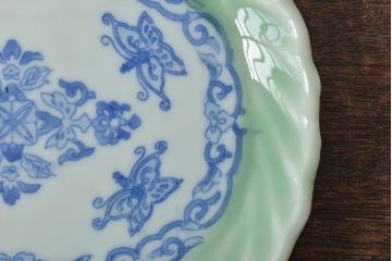 明治〜大正　青磁　印判　花蝶図　変形皿5枚セット(図変わり、在銘)(R-044976)