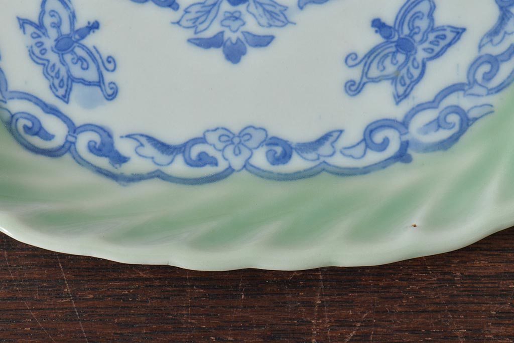 明治〜大正　青磁　印判　花蝶図　変形皿5枚セット(図変わり、在銘)(R-044976)