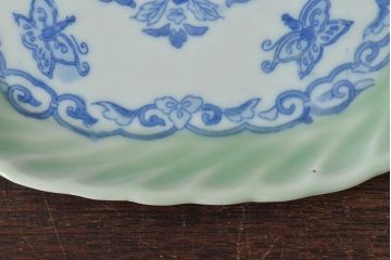 明治〜大正　青磁　印判　花蝶図　変形皿5枚セット(図変わり、在銘)(R-044976)