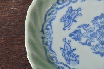 明治〜大正　青磁　印判　花蝶図　変形皿5枚セット(図変わり、在銘)(R-044976)